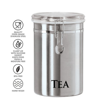 Oggi Stainless Steel Tea Canister 62 fl oz - Airtight Clamp Lid, Clear See-Thru Top - Ideal for Tea Bag Storage, Loose Tea Storage, Kitchen Storage, Pantry Storage. Large Size 5